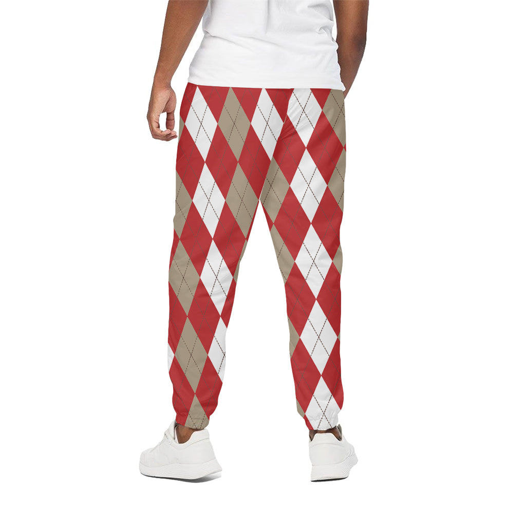 Beige Red And White Argyle Pattern Print Cotton Pants