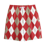 Beige Red And White Argyle Pattern Print Cotton Shorts