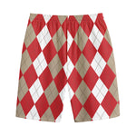 Beige Red And White Argyle Pattern Print Cotton Shorts