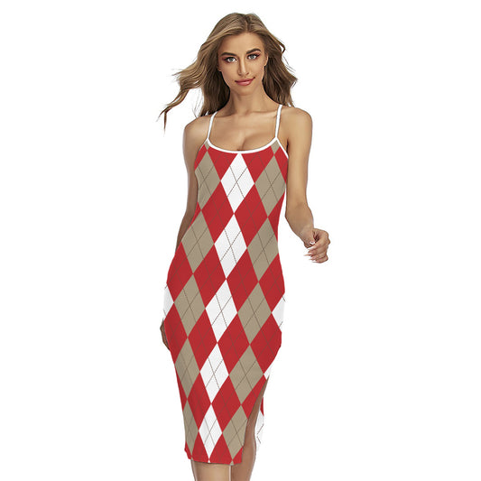 Beige Red And White Argyle Pattern Print Cross Back Cami Dress