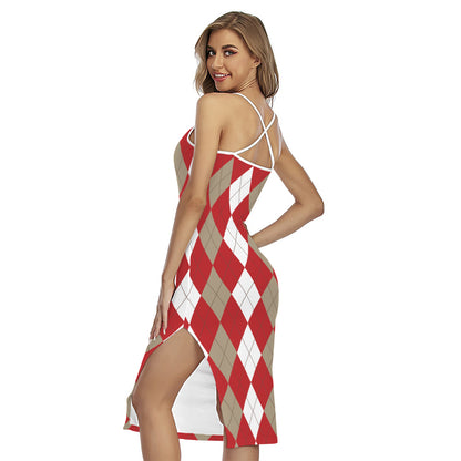 Beige Red And White Argyle Pattern Print Cross Back Cami Dress