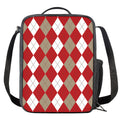Beige Red And White Argyle Pattern Print Crossbody Lunch Bag