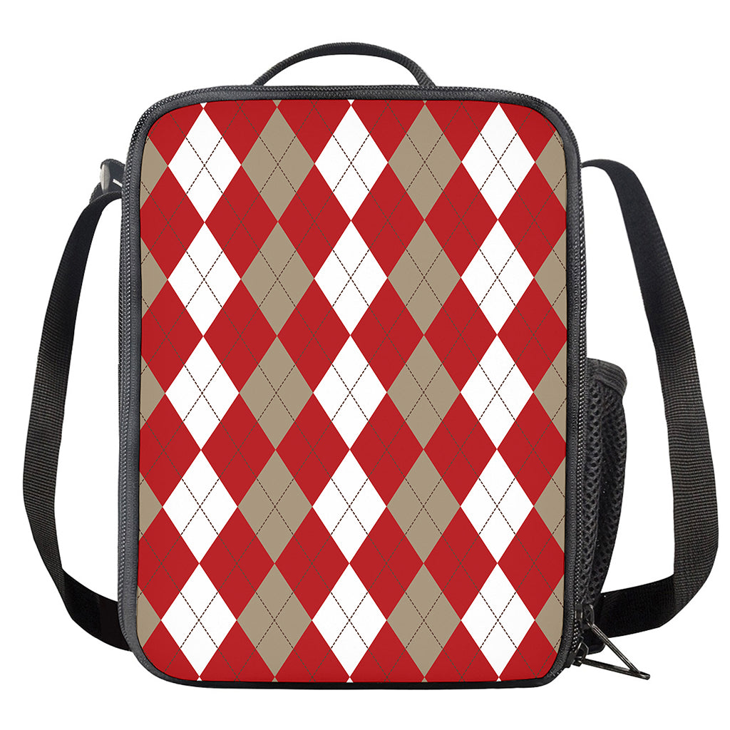 Beige Red And White Argyle Pattern Print Crossbody Lunch Bag