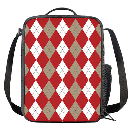 Beige Red And White Argyle Pattern Print Crossbody Lunch Bag