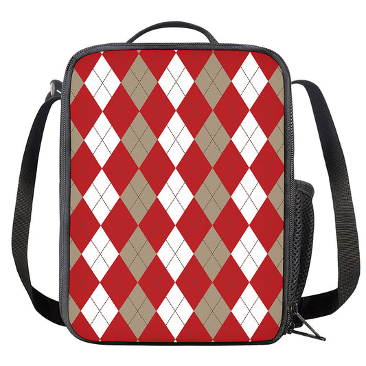 Beige Red And White Argyle Pattern Print Crossbody Lunch Bag