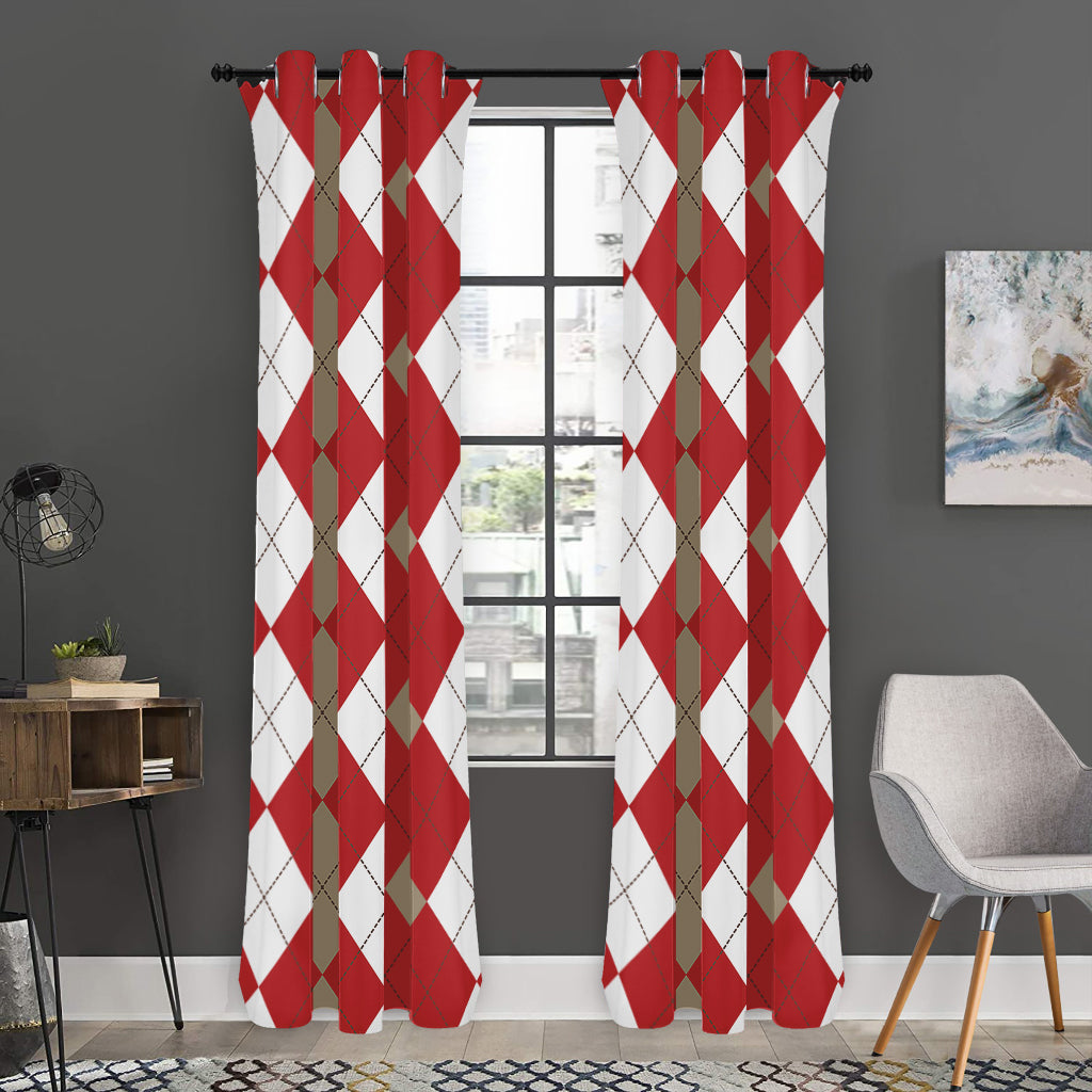 Beige Red And White Argyle Pattern Print Curtain