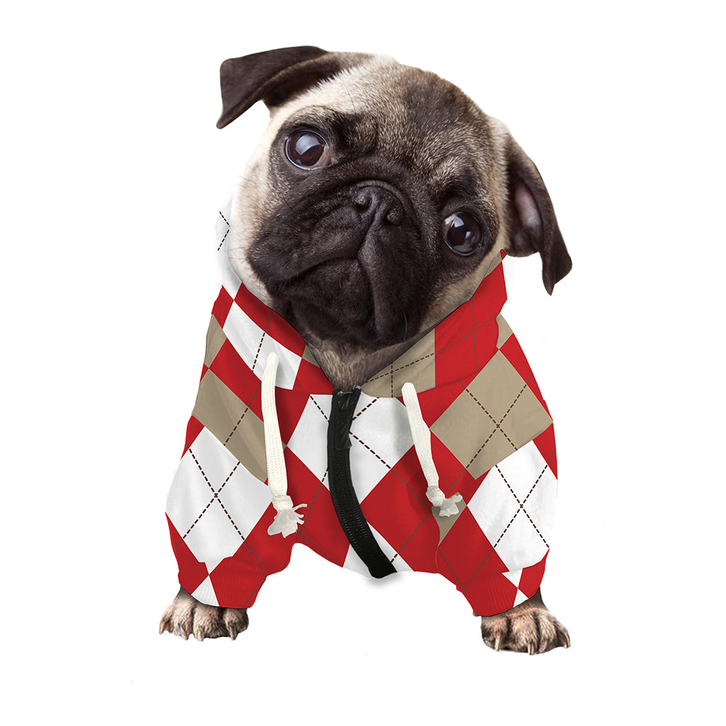 Beige Red And White Argyle Pattern Print Dog Zip Up Hoodie