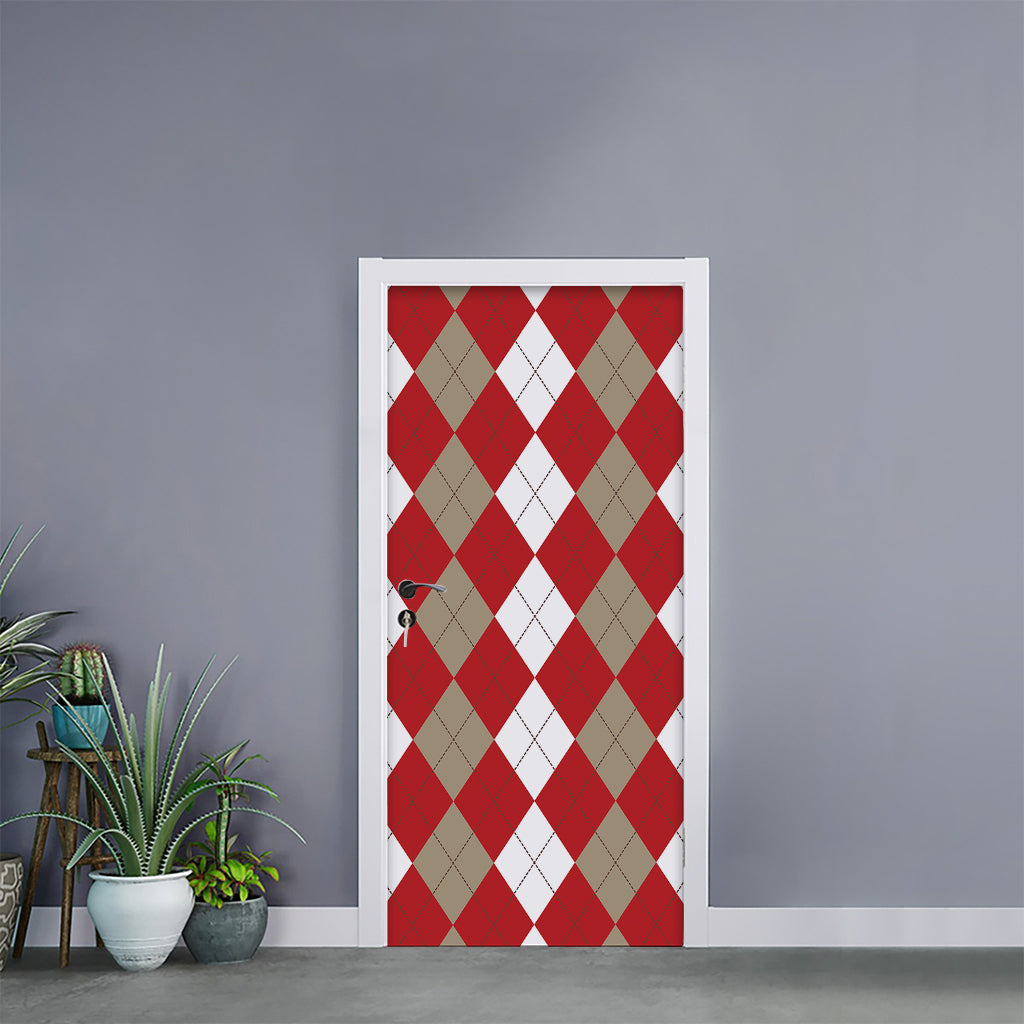 Beige Red And White Argyle Pattern Print Door Sticker