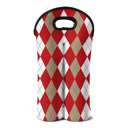 Beige Red And White Argyle Pattern Print Double Neoprene Wine Tote
