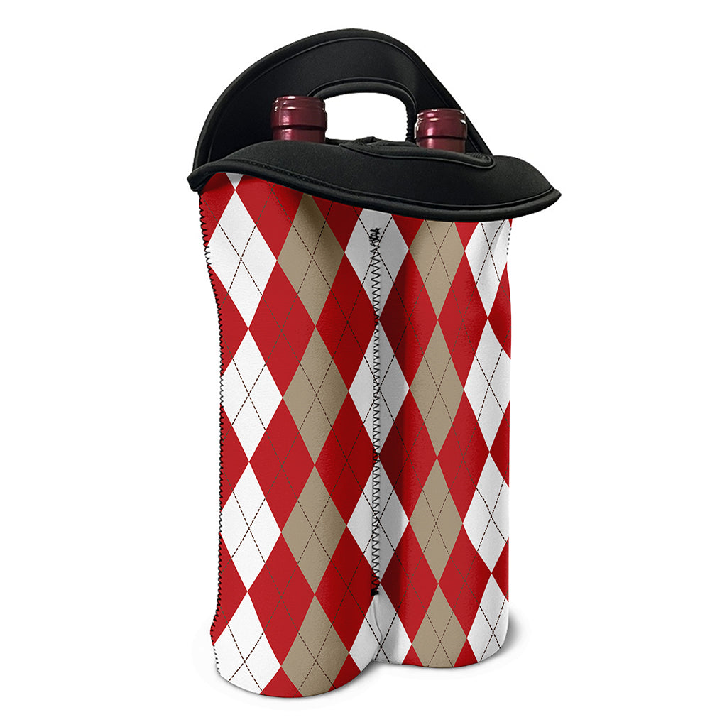 Beige Red And White Argyle Pattern Print Double Neoprene Wine Tote