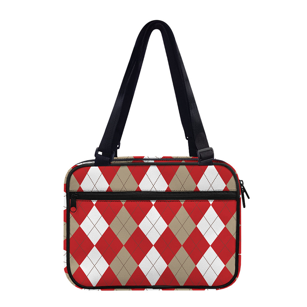 Beige Red And White Argyle Pattern Print Double Strap Bible Bag