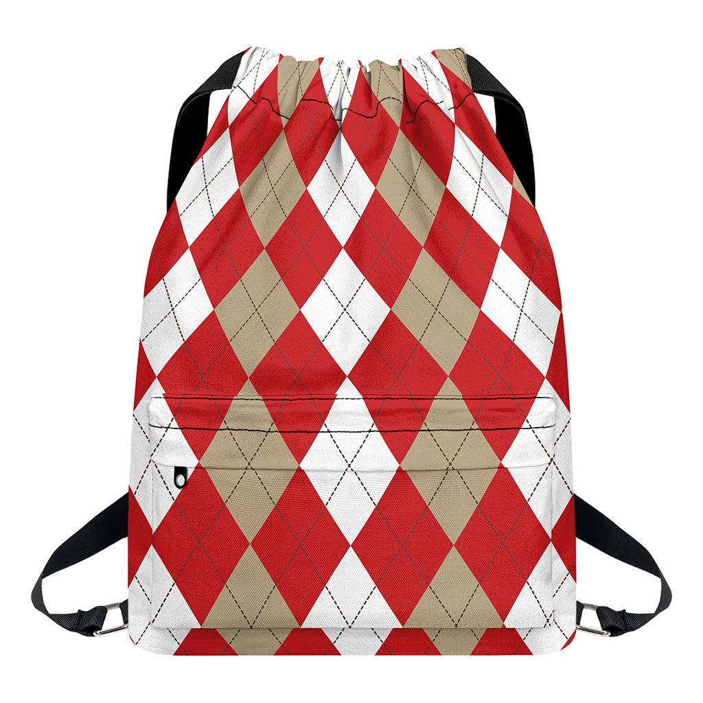 Beige Red And White Argyle Pattern Print Drawstring Backpack