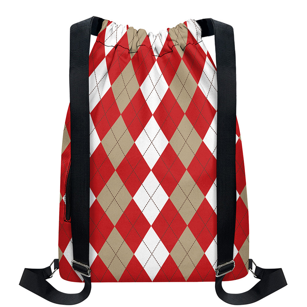 Beige Red And White Argyle Pattern Print Drawstring Backpack