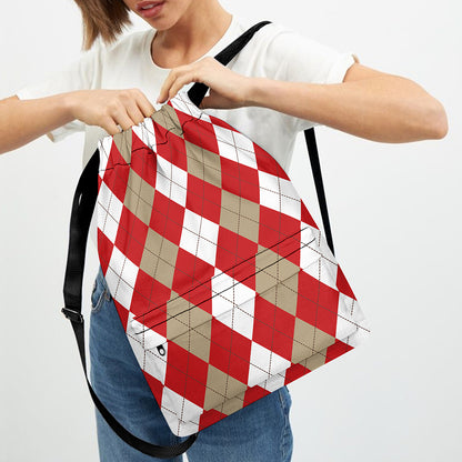 Beige Red And White Argyle Pattern Print Drawstring Backpack