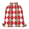 Beige Red And White Argyle Pattern Print Drawstring Bag