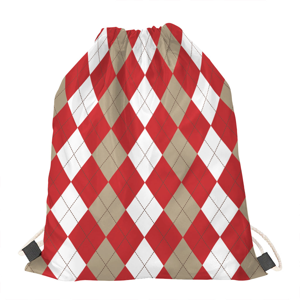 Beige Red And White Argyle Pattern Print Drawstring Bag