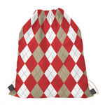 Beige Red And White Argyle Pattern Print Drawstring Bag