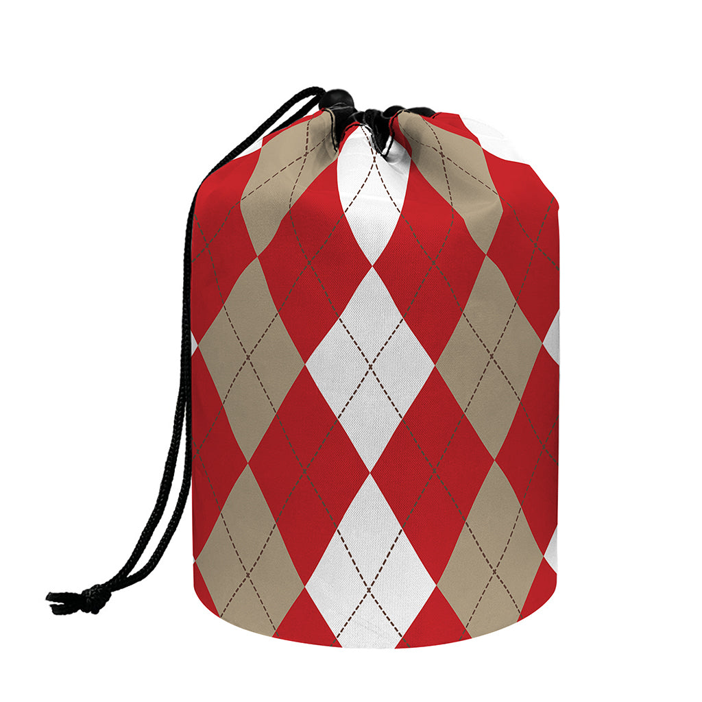Beige Red And White Argyle Pattern Print Drawstring Makeup Bag