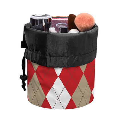 Beige Red And White Argyle Pattern Print Drawstring Makeup Bag