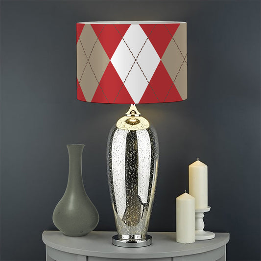 Beige Red And White Argyle Pattern Print Drum Lamp Shade