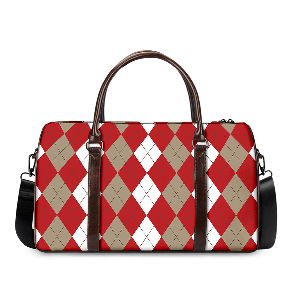 Beige Red And White Argyle Pattern Print Duffle Bag