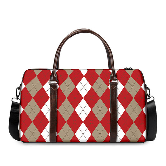 Beige Red And White Argyle Pattern Print Duffle Bag