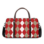 Beige Red And White Argyle Pattern Print Duffle Bag