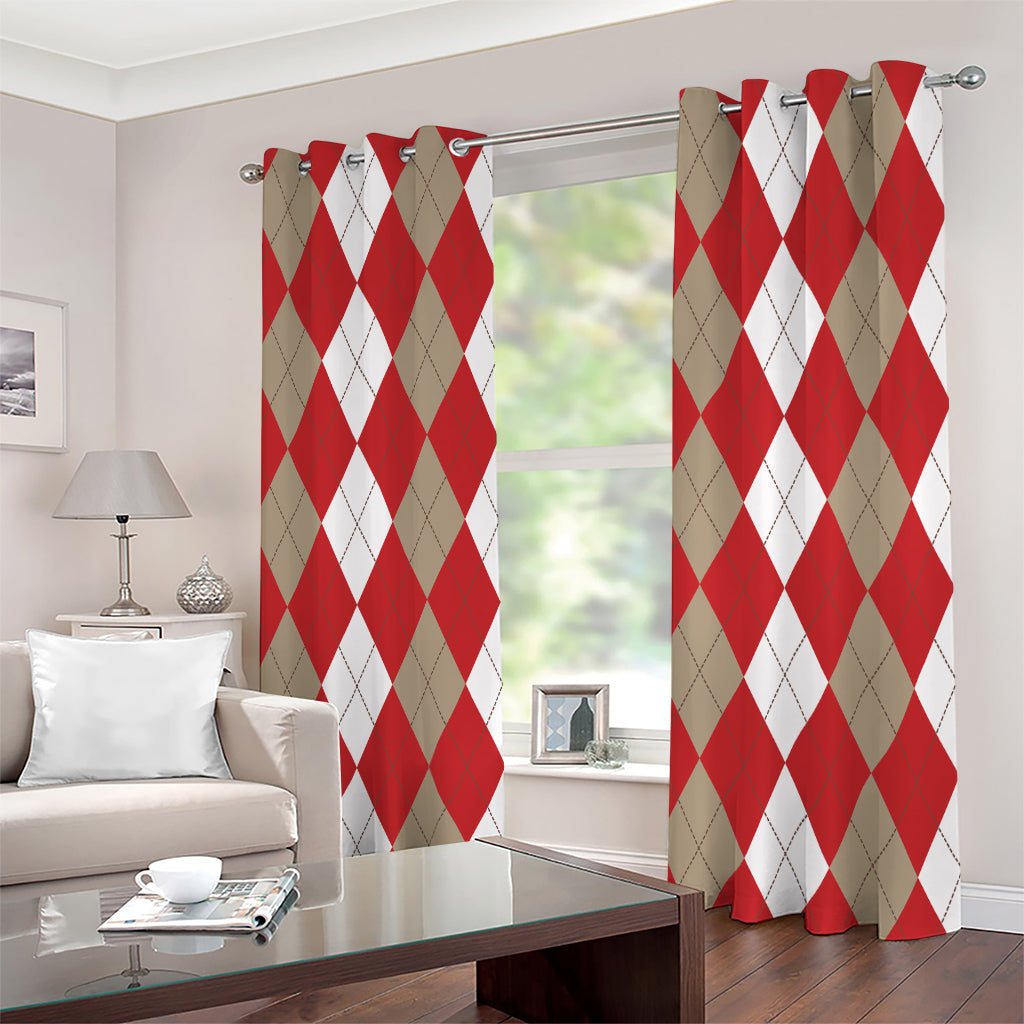 Beige Red And White Argyle Pattern Print Extra Wide Grommet Curtains