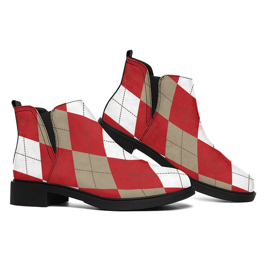 Beige Red And White Argyle Pattern Print Flat Ankle Boots