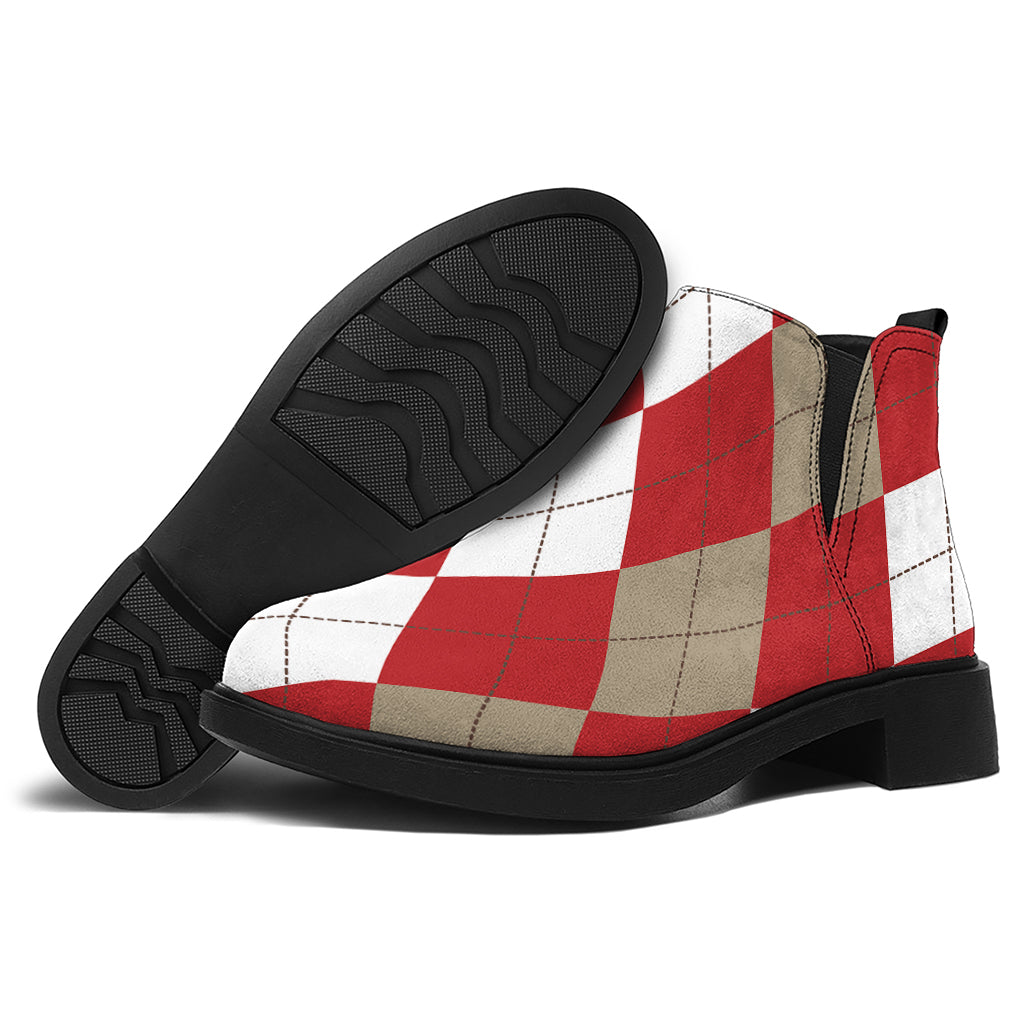 Beige Red And White Argyle Pattern Print Flat Ankle Boots