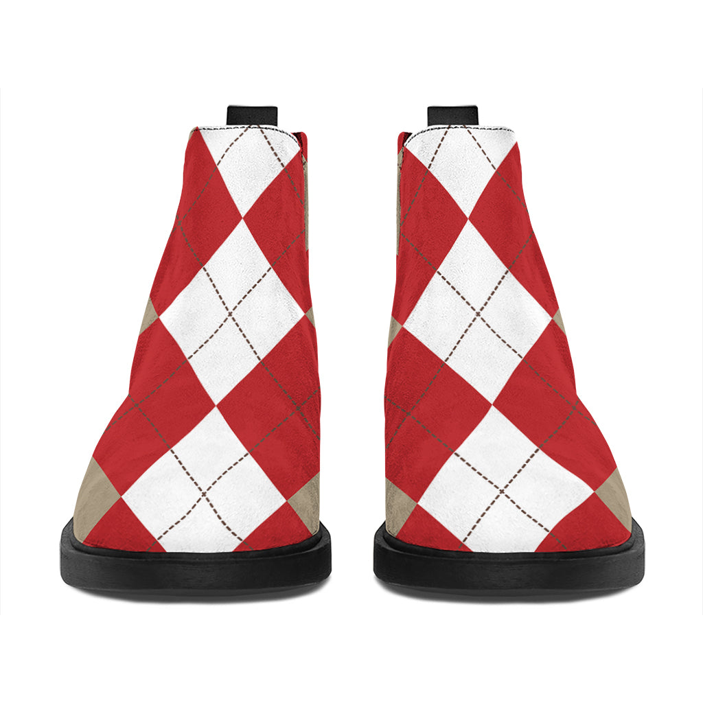 Beige Red And White Argyle Pattern Print Flat Ankle Boots