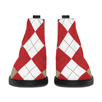 Beige Red And White Argyle Pattern Print Flat Ankle Boots