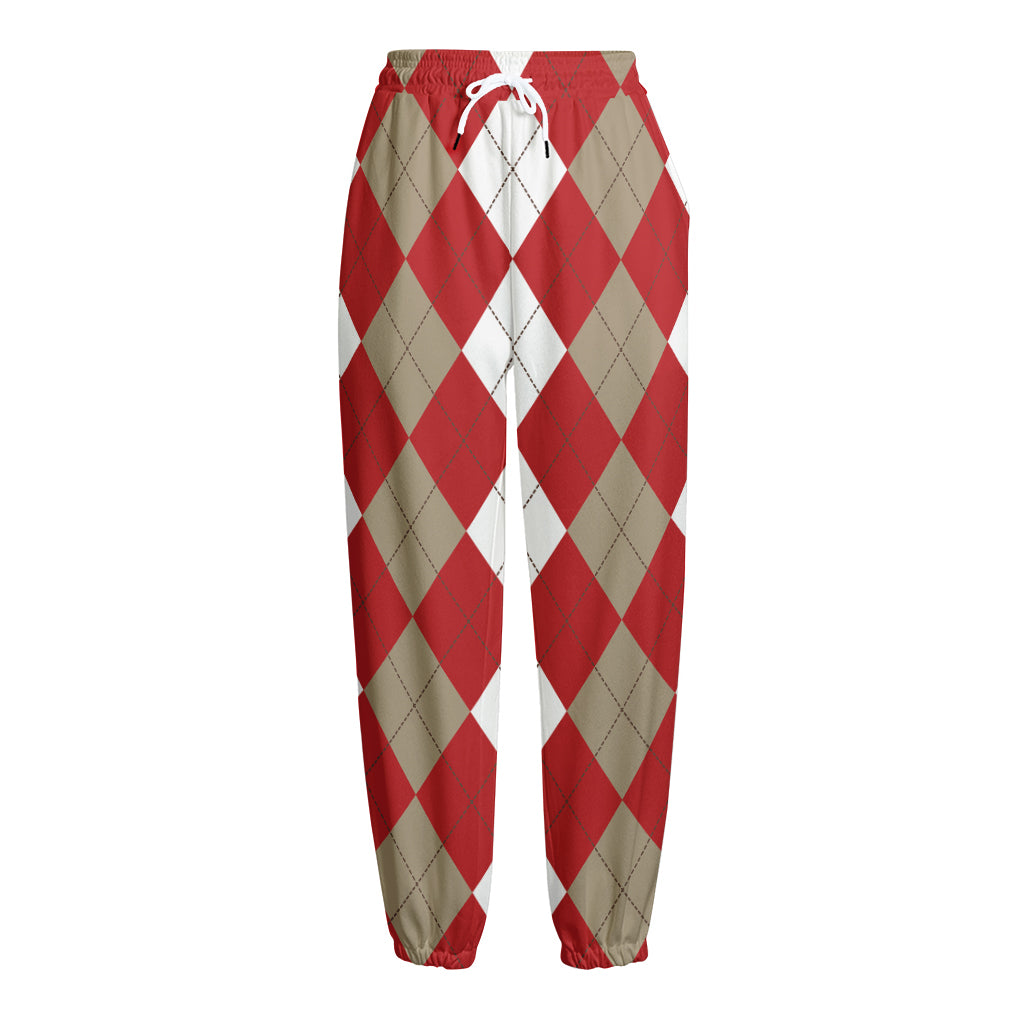 Beige Red And White Argyle Pattern Print Fleece Lined Knit Pants