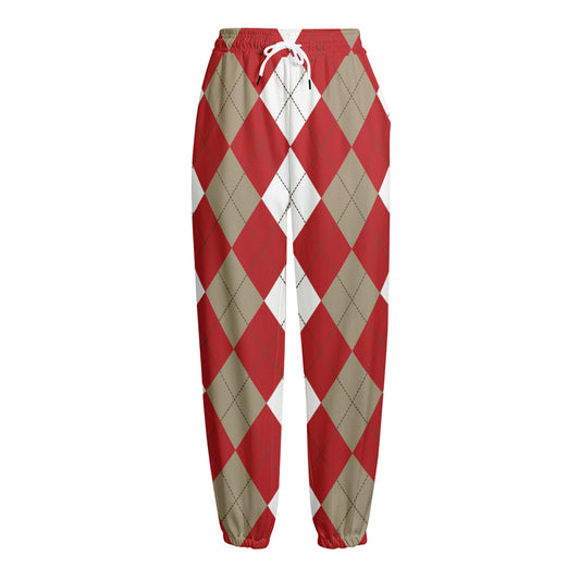 Beige Red And White Argyle Pattern Print Fleece Lined Knit Pants