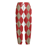 Beige Red And White Argyle Pattern Print Fleece Lined Knit Pants