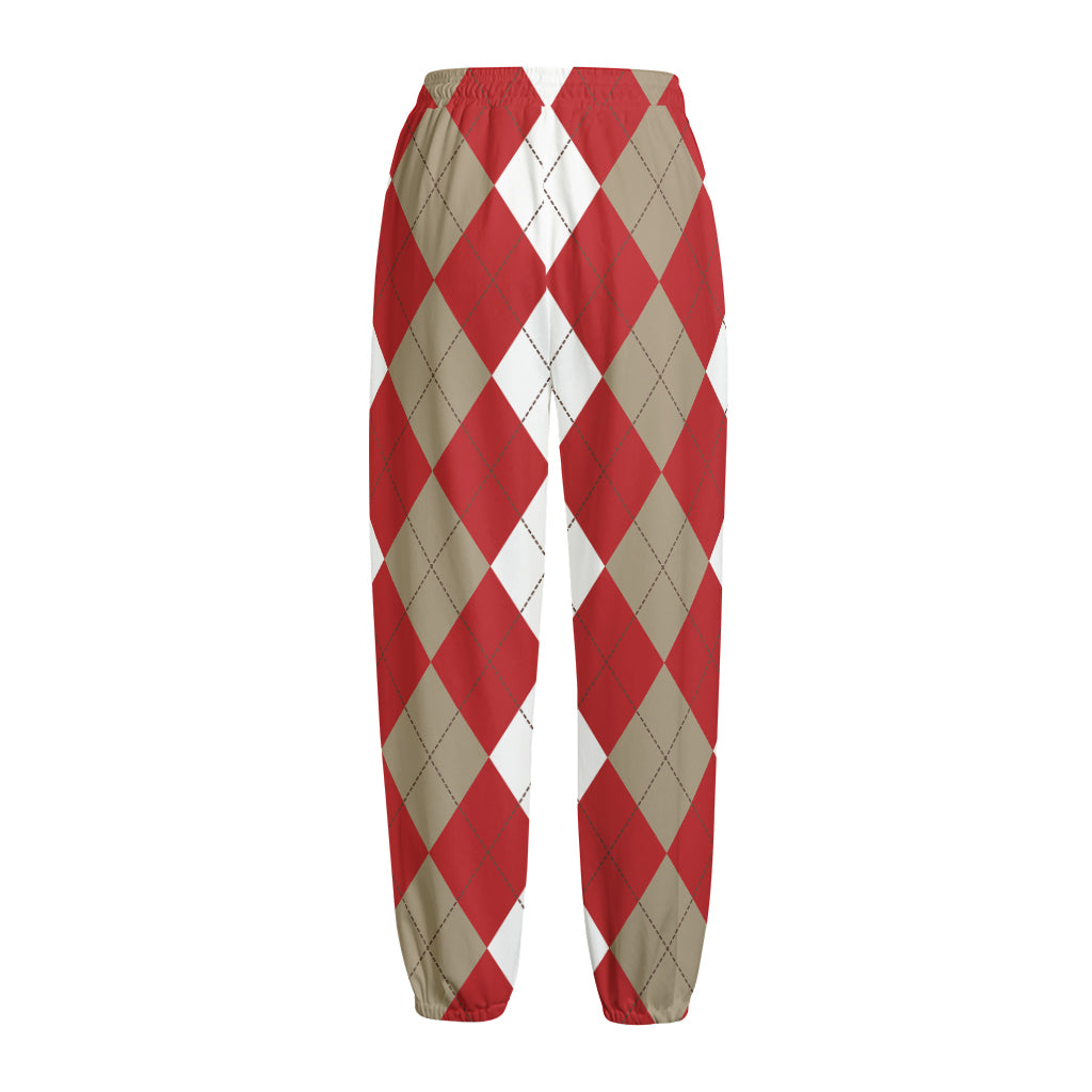 Beige Red And White Argyle Pattern Print Fleece Lined Knit Pants
