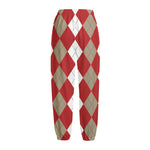 Beige Red And White Argyle Pattern Print Fleece Lined Knit Pants