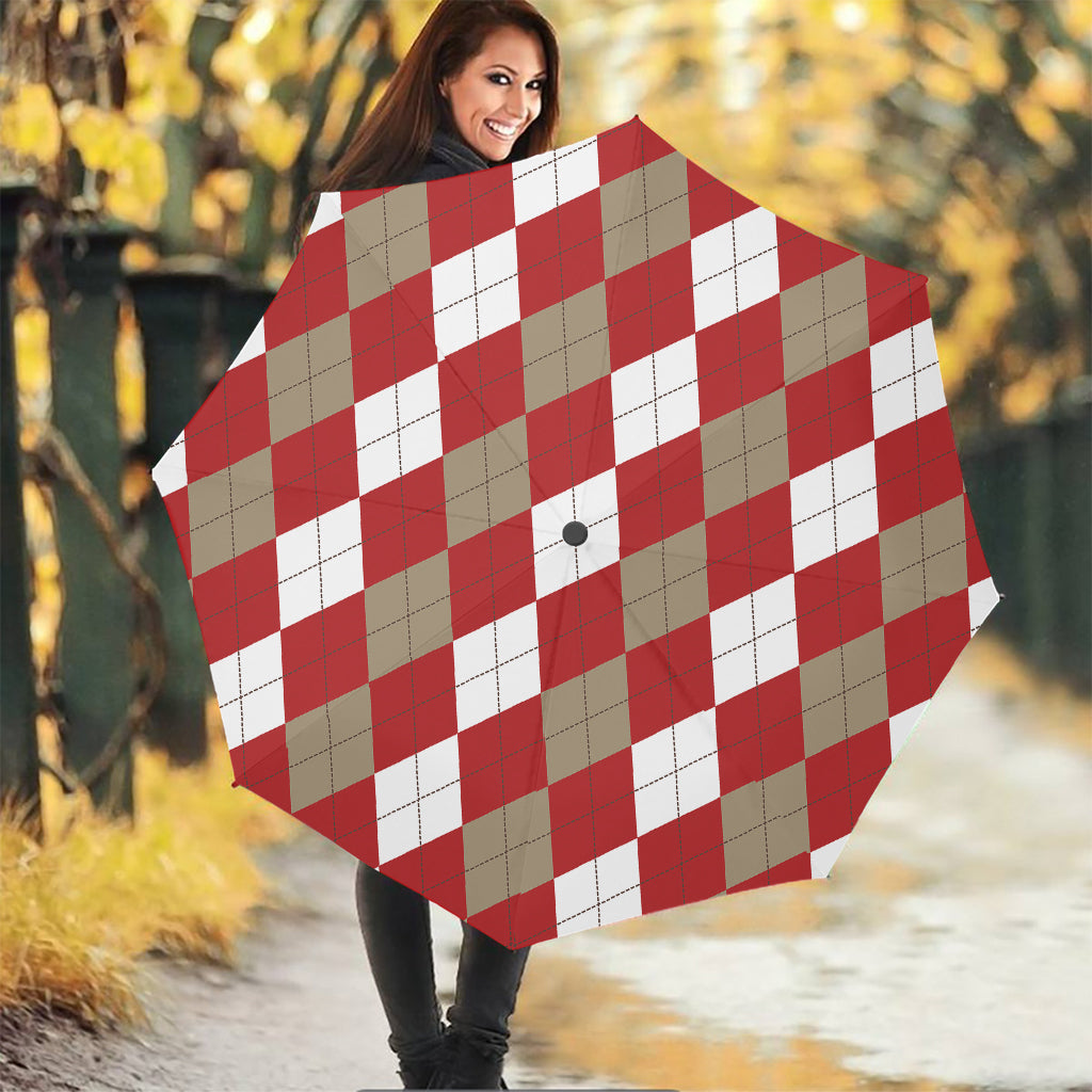 Beige Red And White Argyle Pattern Print Foldable Umbrella