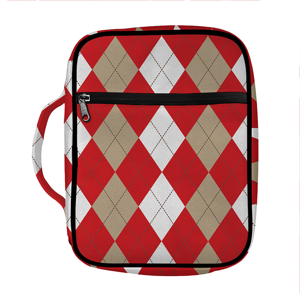 Beige Red And White Argyle Pattern Print Front Pocket Bible Bag