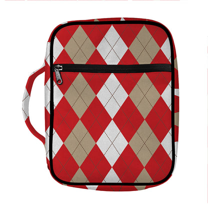 Beige Red And White Argyle Pattern Print Front Pocket Bible Bag