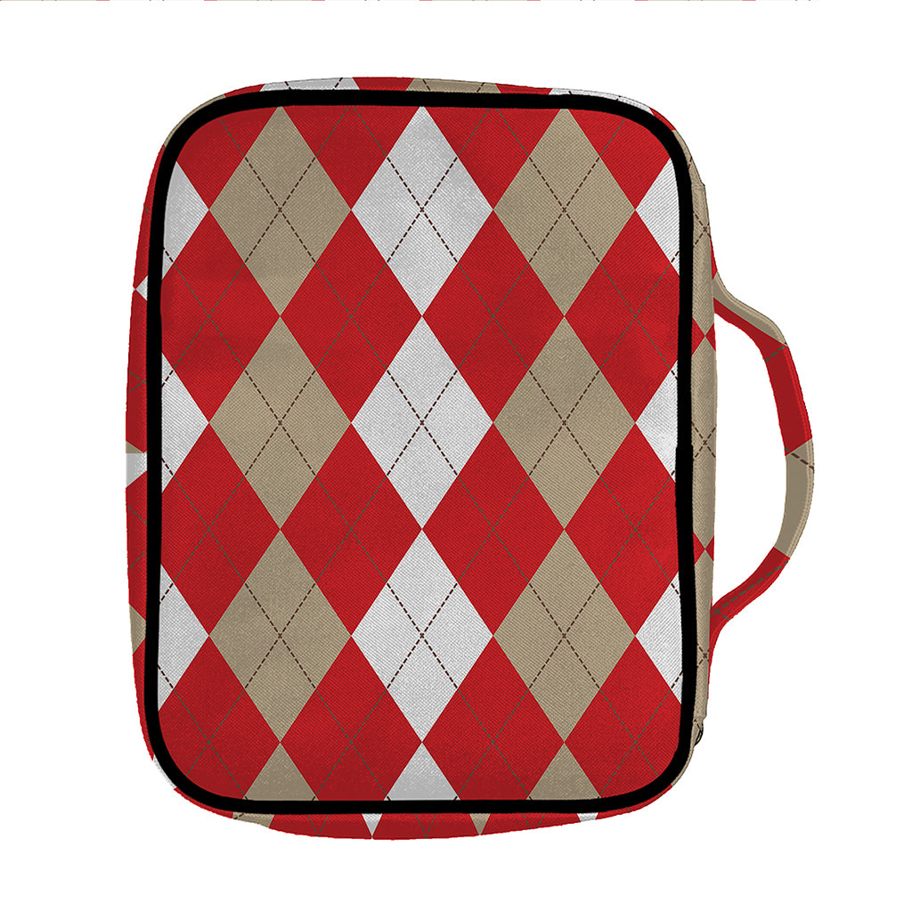 Beige Red And White Argyle Pattern Print Front Pocket Bible Bag