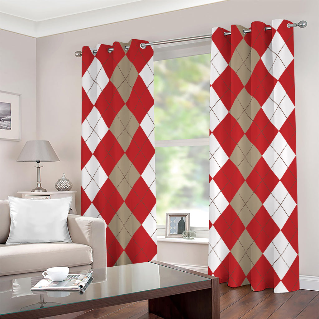 Beige Red And White Argyle Pattern Print Grommet Curtains