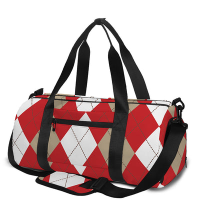 Beige Red And White Argyle Pattern Print Gym Bag
