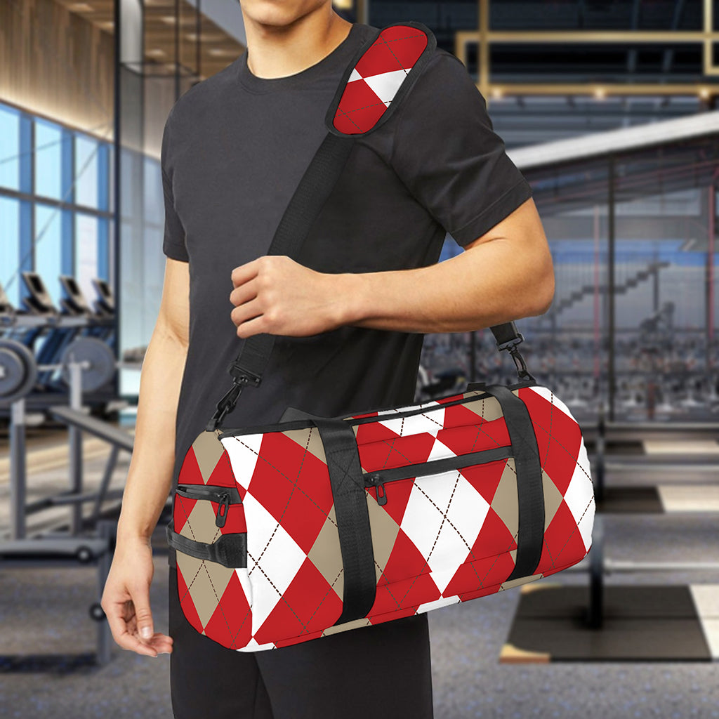 Beige Red And White Argyle Pattern Print Gym Bag
