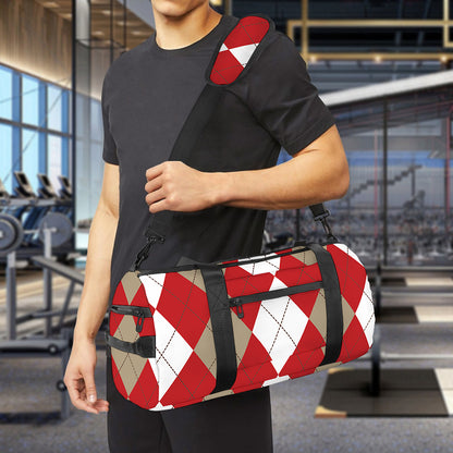 Beige Red And White Argyle Pattern Print Gym Bag