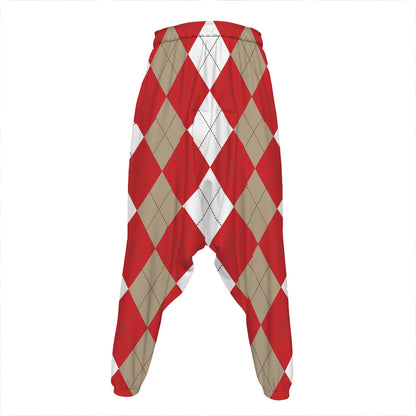 Beige Red And White Argyle Pattern Print Hammer Pants