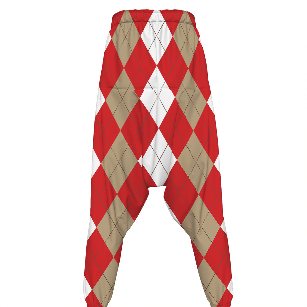 Beige Red And White Argyle Pattern Print Hammer Pants