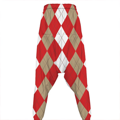 Beige Red And White Argyle Pattern Print Hammer Pants