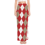 Beige Red And White Argyle Pattern Print High Slit Maxi Skirt