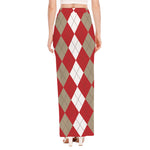 Beige Red And White Argyle Pattern Print High Slit Maxi Skirt